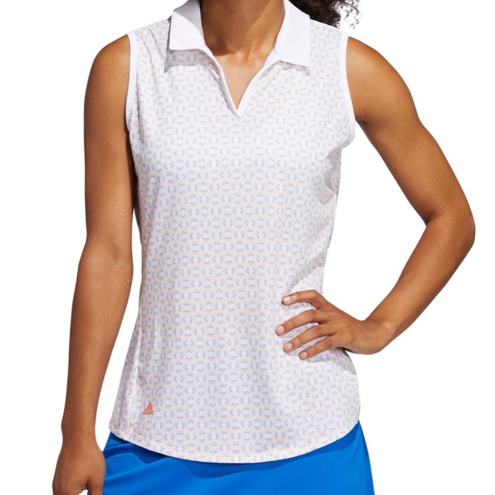 adidas White Sleeveless Polo Tank with Subtle Blue Print